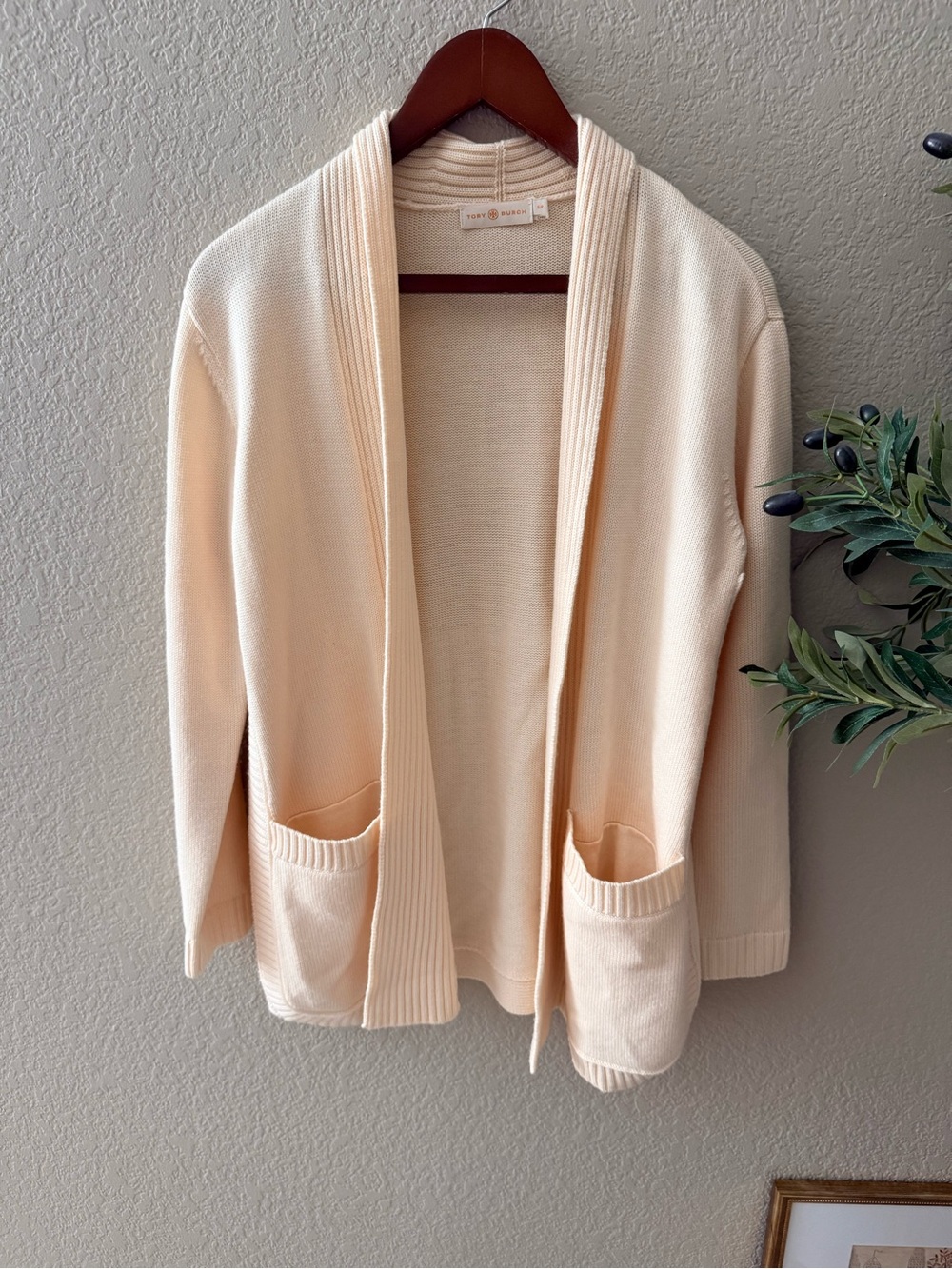 Tory Burch 100% Merino Wool Open Front Cardigan Ivory S/P